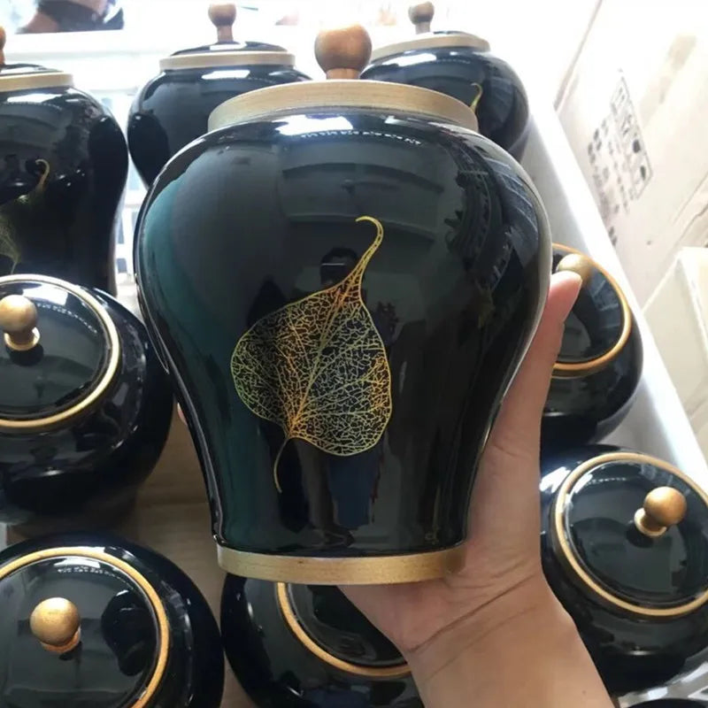 Human Cremation Urns for Ashes, Memorial Ash Holder, Keepsake Souvenirs Gift, Chinese-Style Leaf Ceramic Storage Decoration