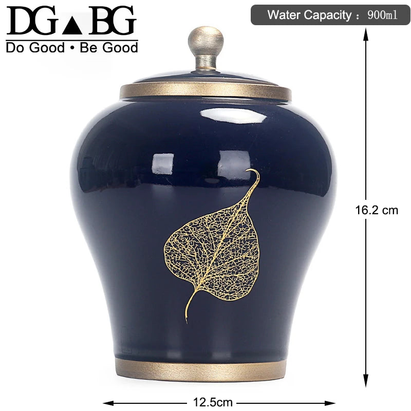 Human Cremation Urns for Ashes, Memorial Ash Holder, Keepsake Souvenirs Gift, Chinese-Style Leaf Ceramic Storage Decoration
