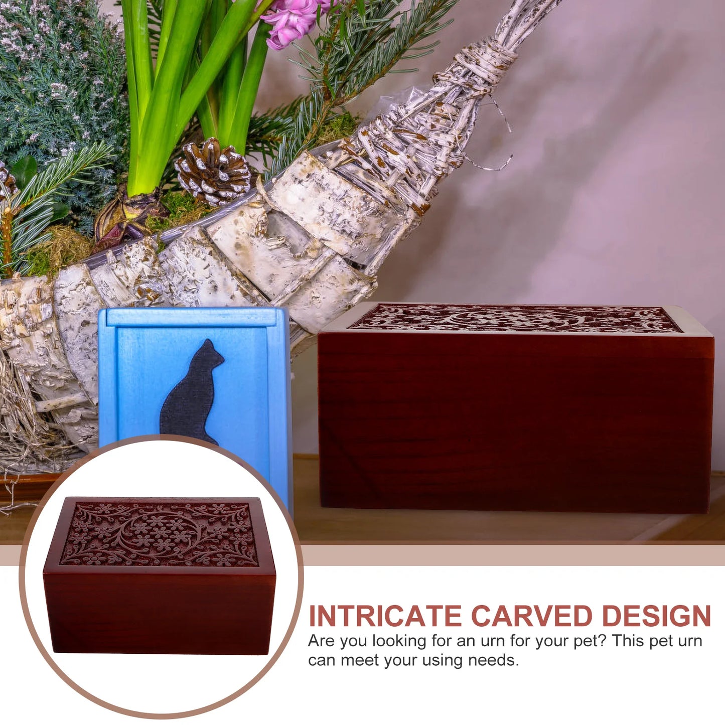 Solid Wood Pet Cremation Box Carved Design Pullout Storage Cat Ashes Urn Pet Burial Memorial Wooden Keepsake Home Garden Pet