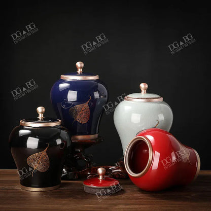 Human Cremation Urns for Ashes, Memorial Ash Holder, Keepsake Souvenirs Gift, Chinese-Style Leaf Ceramic Storage Decoration