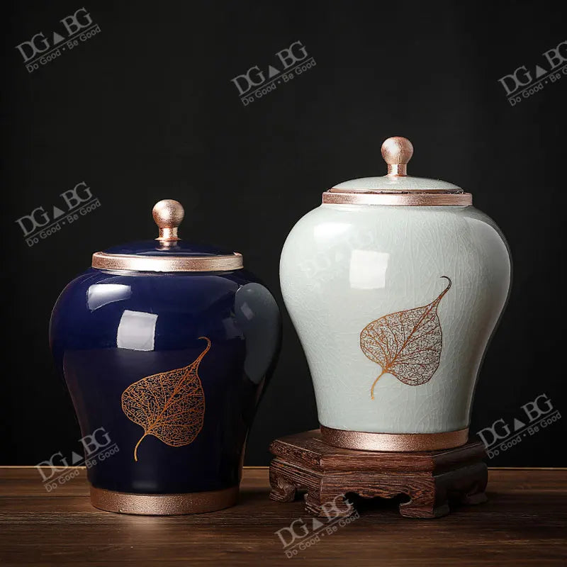 Human Cremation Urns for Ashes, Memorial Ash Holder, Keepsake Souvenirs Gift, Chinese-Style Leaf Ceramic Storage Decoration