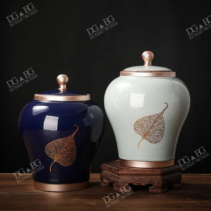 Human Cremation Urns for Ashes, Memorial Ash Holder, Keepsake Souvenirs Gift, Chinese-Style Leaf Ceramic Storage Decoration